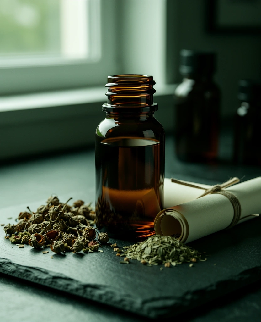 Naturalne surowce botaniczne w ciemnym szkle